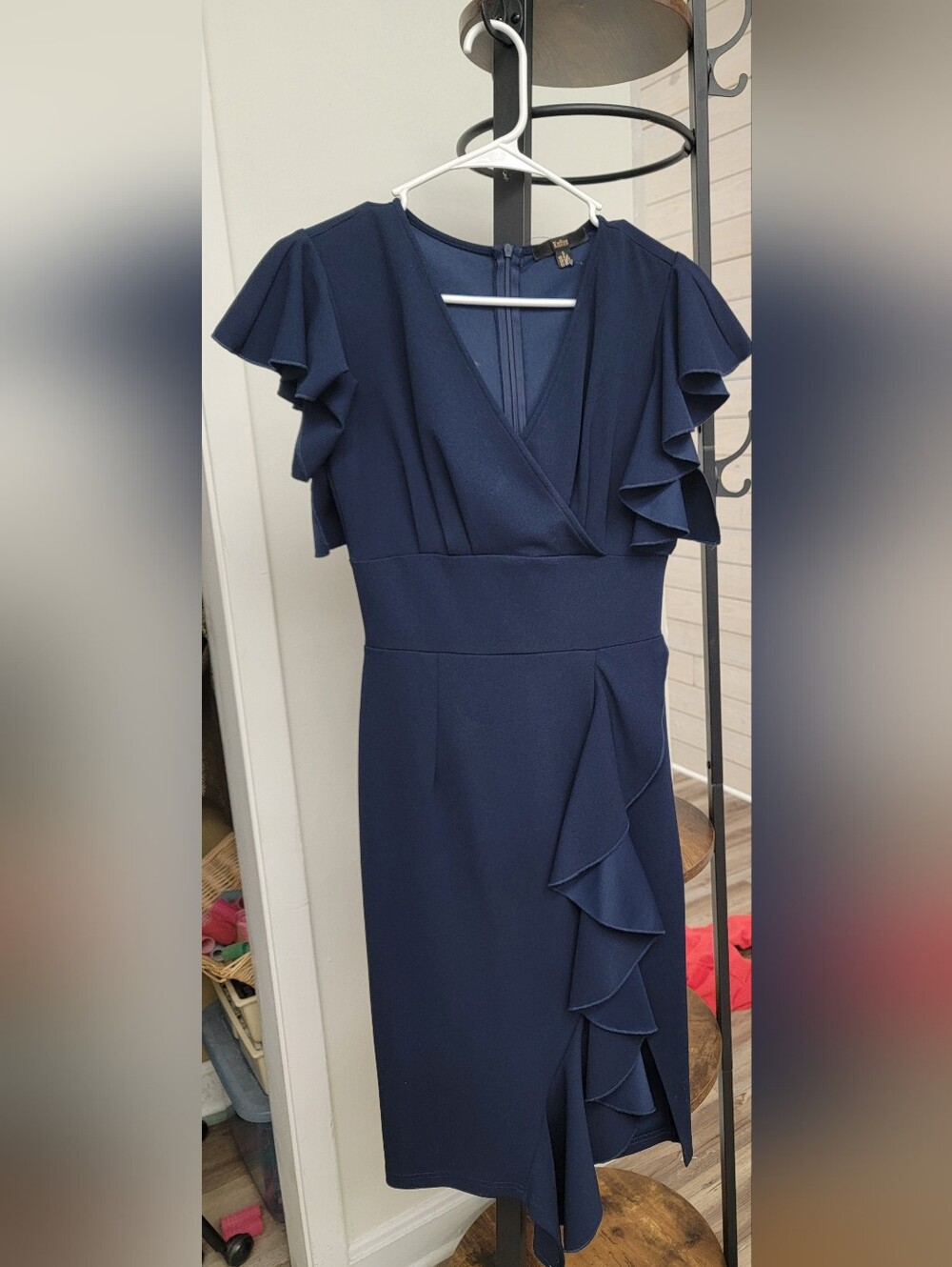 Knitee Elegant S Navy Ruffle-Trim Wrap Dress , perfect condition, worn once